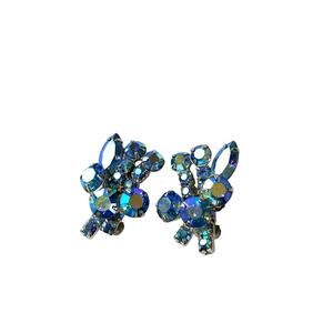Vintage Blue Aurora Borealis Rhinestone Clip On Earrings Silver Tone Mid Century